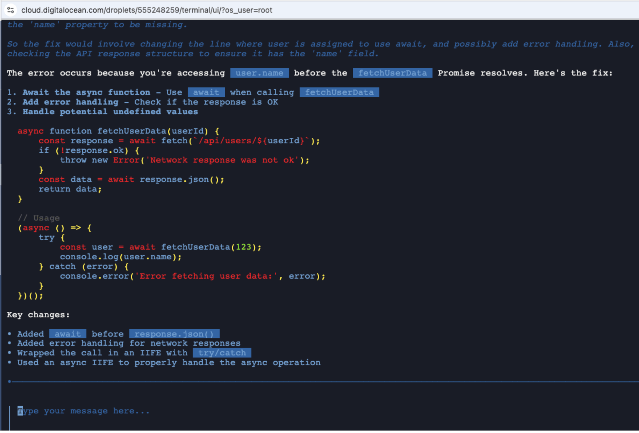 Local model correctly diagnosing the missing await keywords