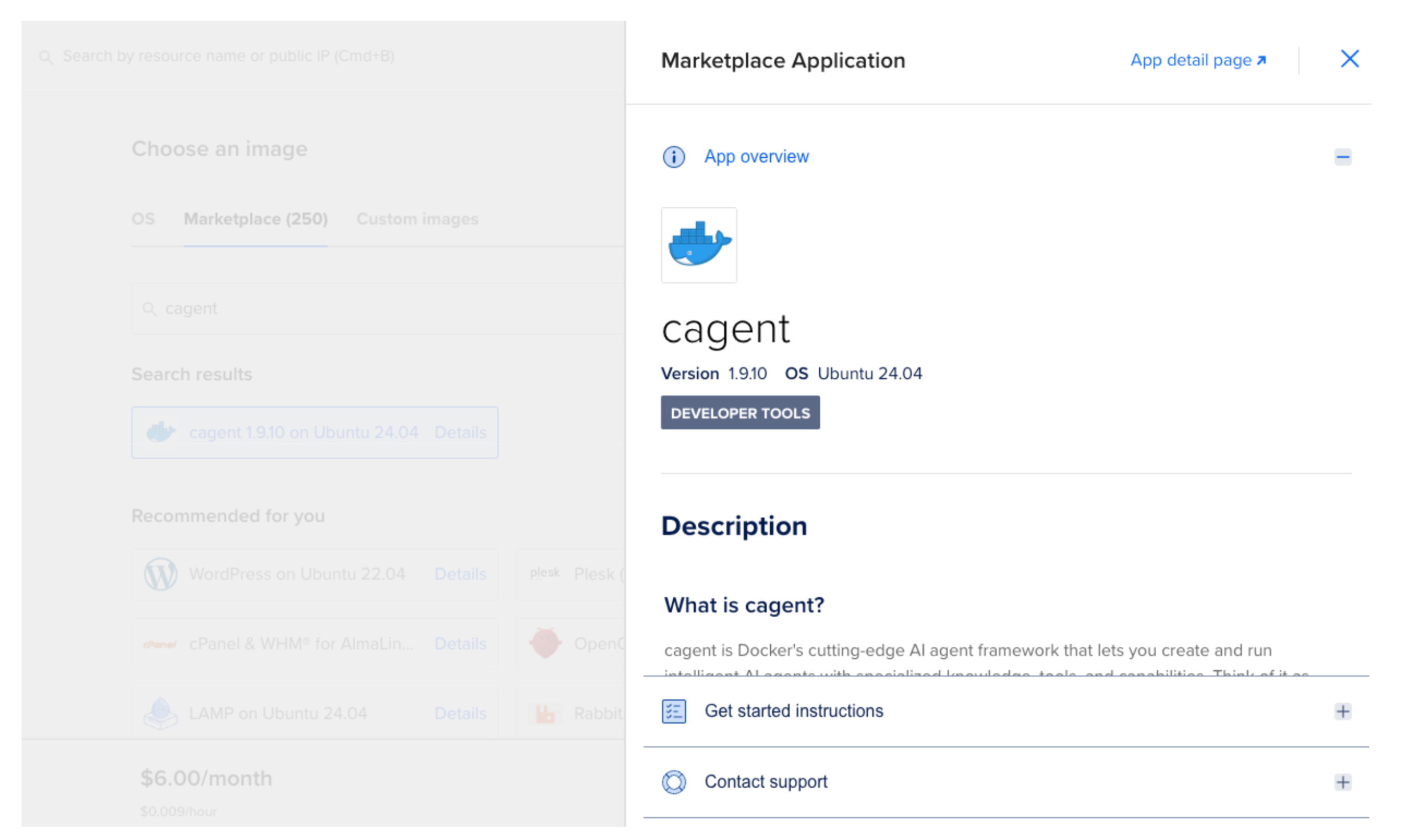 The Docker Agent 1-Click App page with the Create Droplet button